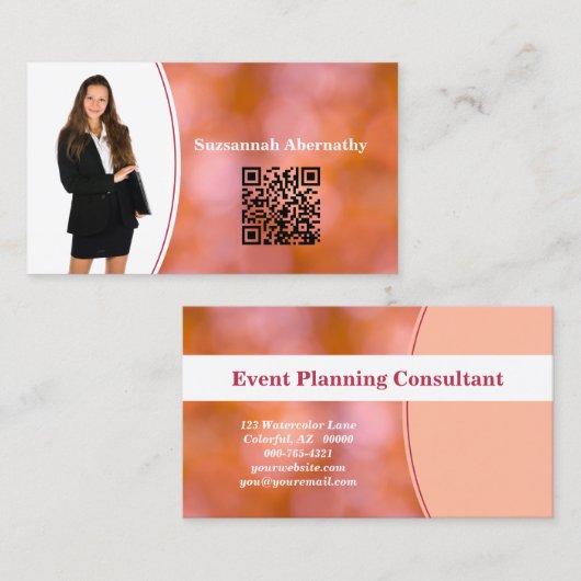 Beruflich Orange Bokeh Blur Custom Foto QR Visitenkarte (Vorne/Hinten)