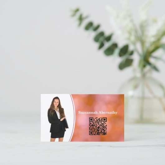 Beruflich Orange Bokeh Blur Custom Foto QR Visitenkarte (Stehend Vorderseite)