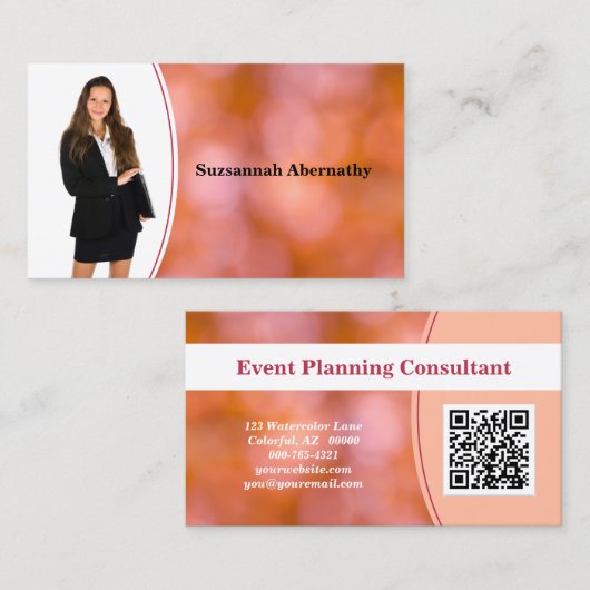 Beruflich Orange Bokeh Blur Custom Foto QR Visitenkarte (Vorne/Hinten)