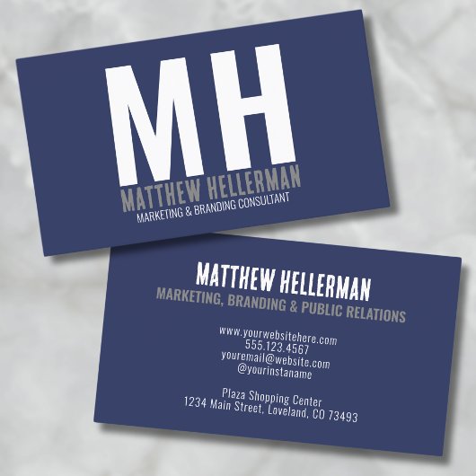 Beruflich Simple Navy Blue Monogram Visitenkarte