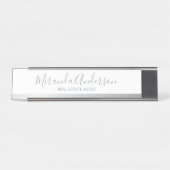 Beruflich Weiß und Silber mit Skriptname Schreibtischnamensplakette (Vorderseite )