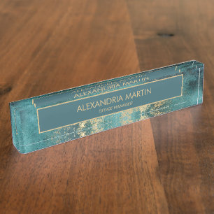 Berufliche Aquamarine Goldgrunge Abstrakt Namensplakette