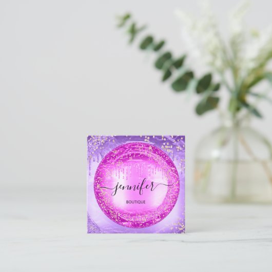 Berufliche Boutique Shop Glitzer Lila rosa Quadratische Visitenkarte (Stehend Vorderseite)