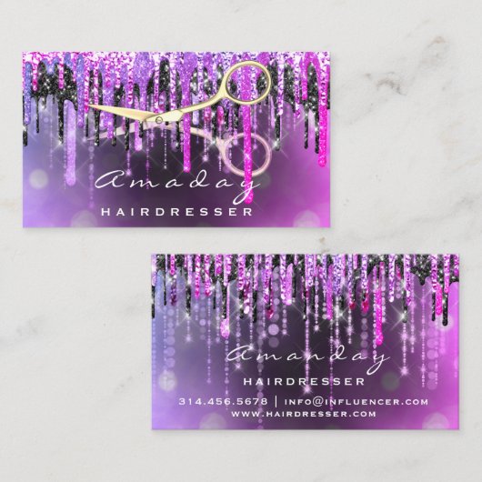 Berufliche Friseurschere Gold Tropfen Pink Visitenkarte (Vorne/Hinten)