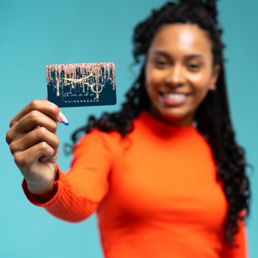 Berufliche Friseurschere Rose Blue Gold Visitenkarte