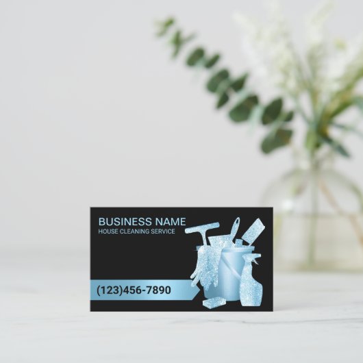 Berufliche Hausreinigung Moderner blauer Glitzer Visitenkarte (Stehend Vorderseite)
