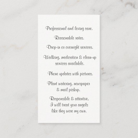 Berufliche Heimtiere Sitter für Kleinkinder Visite Visitenkarte (Rückseite)