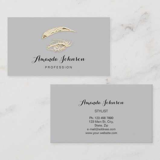 Berufliche Lashes Brows Makeup Logo Gold Grau Visitenkarte (Vorne/Hinten)
