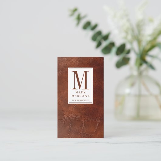Berufliche Monogram, braune Ledertextur Visitenkarte (Stehend Vorderseite)