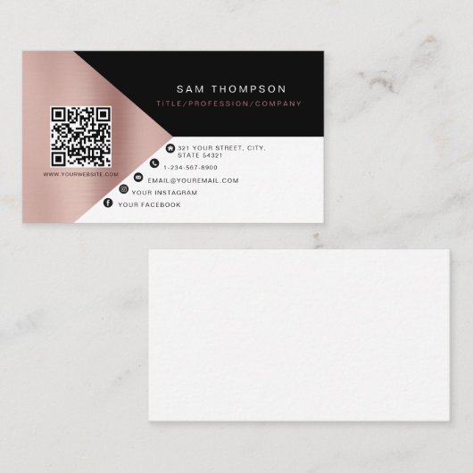 Berufliche Rose Gold QR Code Modernes Geschäft Telefonnummerkarte (Vorne/Hinten)
