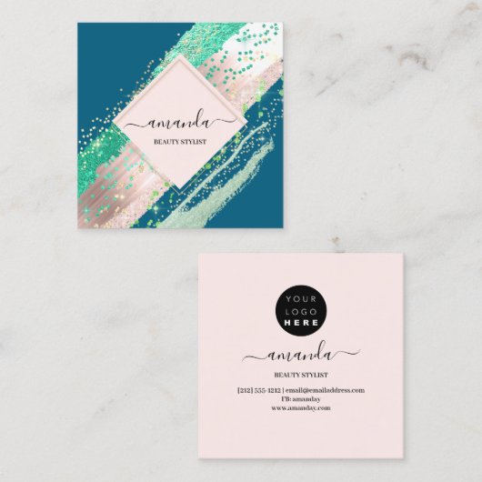 Berufliche Schönheitsmakeup-Logo-Rose Aquamarine S Quadratische Visitenkarte (Vorne/Hinten)