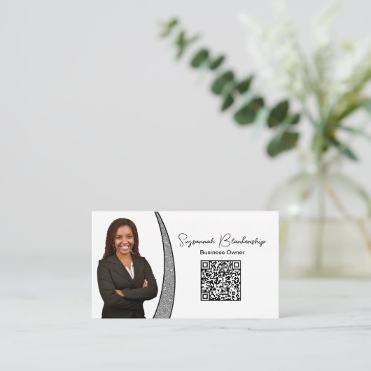 Berufliche Silver Sliver Imitate Glitzer Foto QR Visitenkarte (Stehend Vorderseite)
