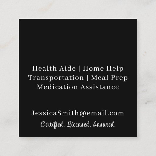 Berufliche Zuhause-Hilfe für Schwarz und Weiß Quadratische Visitenkarte (Rückseite)