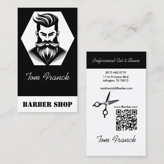Beruflicher Barbershop Schwarzweiß Visitenkarte (Vorne/Hinten)