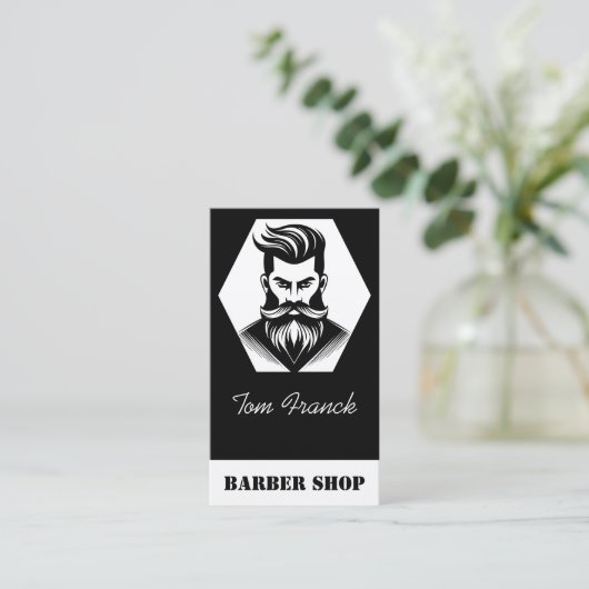 Beruflicher Barbershop Schwarzweiß Visitenkarte (Stehend Vorderseite)