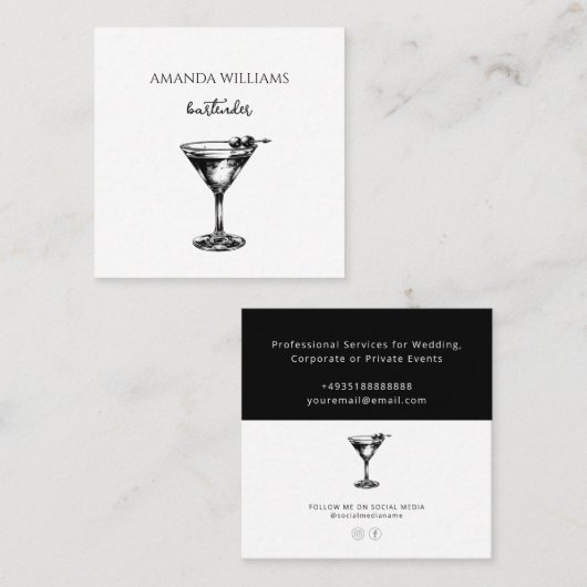 Beruflicher Barkeeper mit Schwarz-Weiß-Cocktail Quadratische Visitenkarte (Vorne/Hinten)