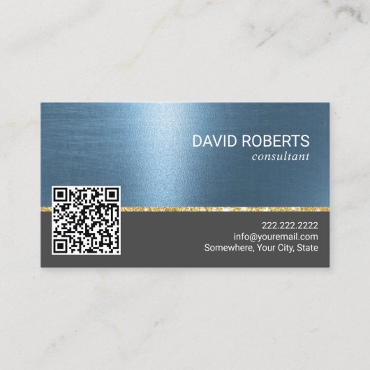 Beruflicher Blue Metallic QR-Code Visitenkarte (Vorderseite)