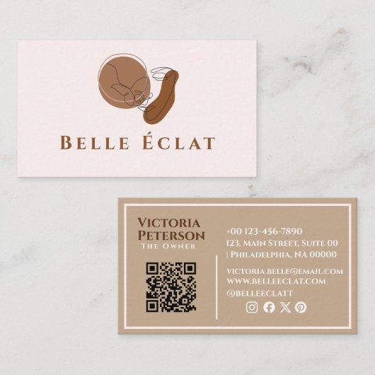 Beruflicher Boho Lineart Beige QR-Code Visitenkarte (Vorne/Hinten)