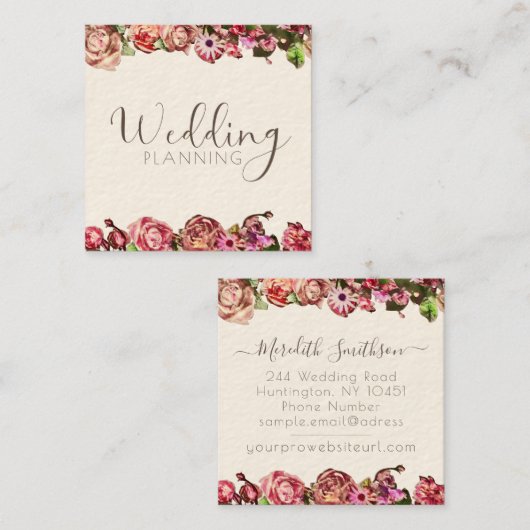 Beruflicher Hochzeitsplaner Elegant Rosa und Rosa Quadratische Visitenkarte (Vorne/Hinten)