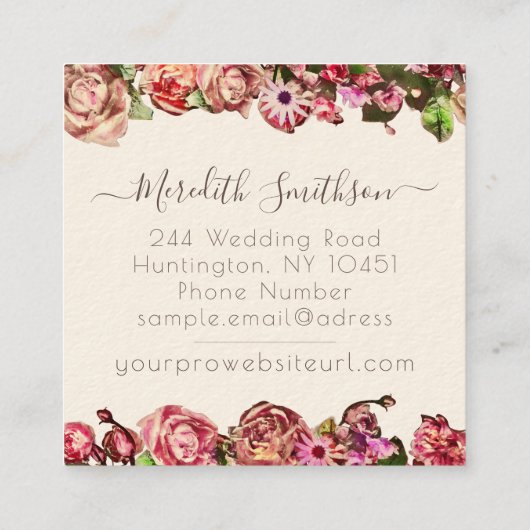 Beruflicher Hochzeitsplaner Elegant Rosa und Rosa Quadratische Visitenkarte (Rückseite)