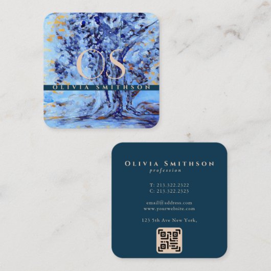 Beruflicher künstlerischer Baum Mit Monogramm QR Quadratische Visitenkarte (Vorne/Hinten)