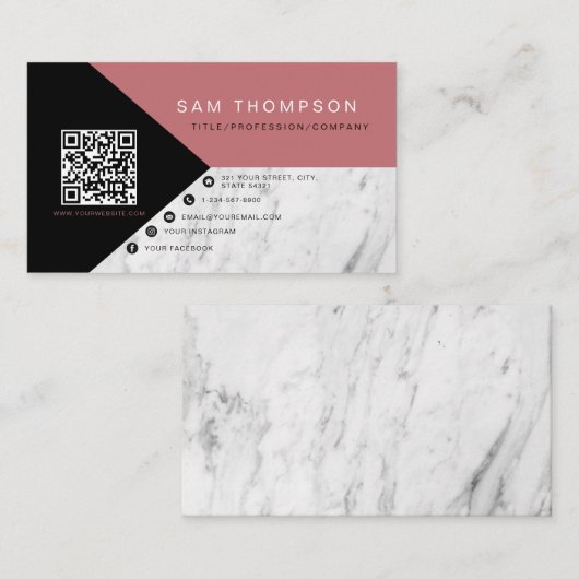Beruflicher Marmorrosa QR-Code Modernes Geschäft Telefonnummerkarte (Vorne/Hinten)