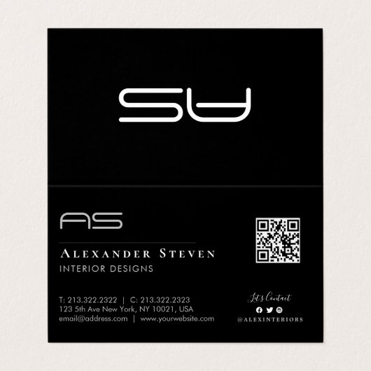 Beruflicher Mit Monogramm QR-Code Schwarz Visitenkarten (Außenseite Aufgefaltet)
