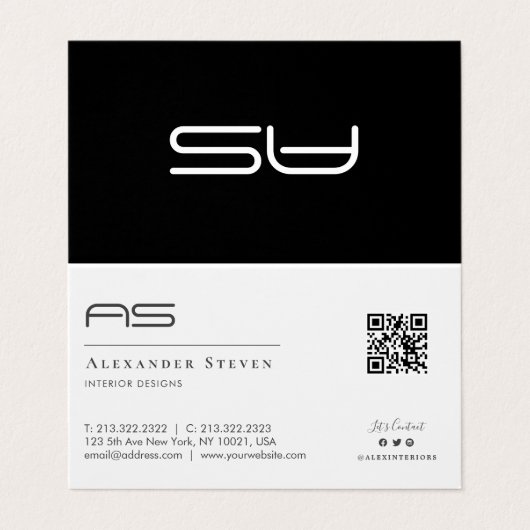 Beruflicher Mit Monogramm QR-Code Schwarzweiß Visitenkarten (Außenseite Aufgefaltet)