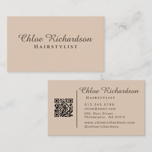 Beruflicher moderner, sanfter Beige-Typografie-QR- Visitenkarte (Vorne/Hinten)