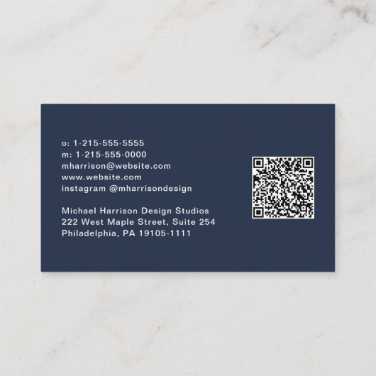 Beruflicher, moderner Script QR Code Blau Visitenkarte (Rückseite)