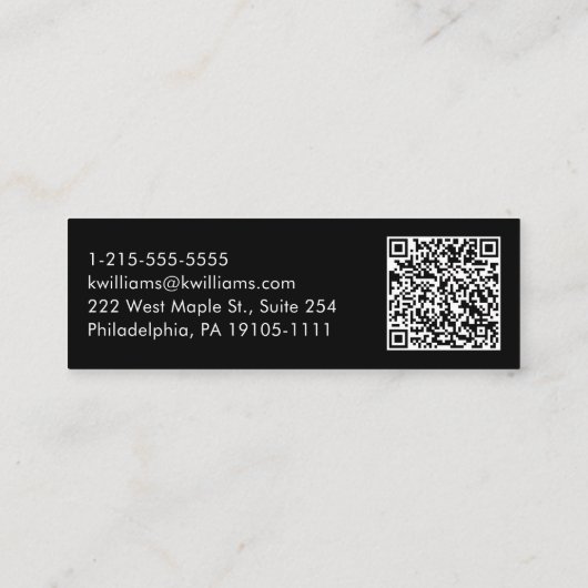 Beruflicher, moderner Script QR Code Schwarz Mini Visitenkarte (Rückseite)