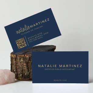 Beruflicher QR-Code Elegantes Blau- und Gold-Scrip Visitenkarte