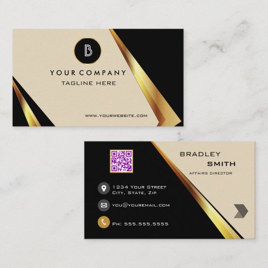 Beruflicher QR-Code für Monogramm, schwarz und Gol Visitenkarte (Vorne/Hinten)