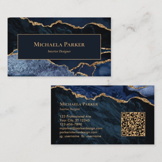 Beruflicher QR-Code für Navy Blue Gold Agate Visitenkarte (Vorne/Hinten)