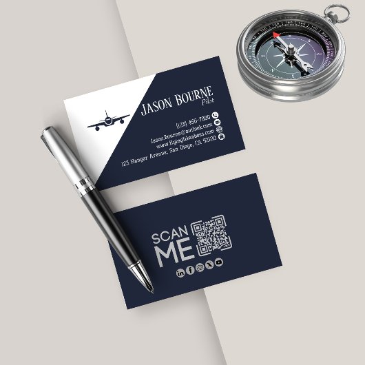 Beruflicher QR-Code, Luftfahrt, blau, minimalistis Visitenkarte