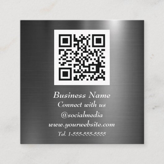 Beruflicher QR Code Scannable Black Metallic Quadratische Visitenkarte (Vorderseite)