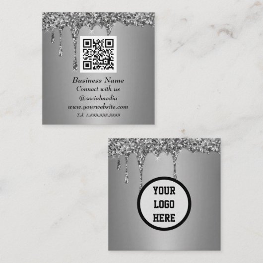 Beruflicher QR-Code Scannable Silver Glitzer Tropf Quadratische Visitenkarte (Vorne/Hinten)