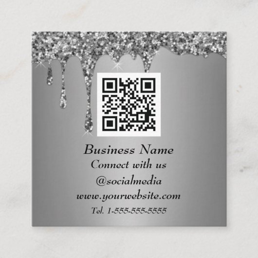 Beruflicher QR-Code Scannable Silver Glitzer Tropf Quadratische Visitenkarte (Vorderseite)