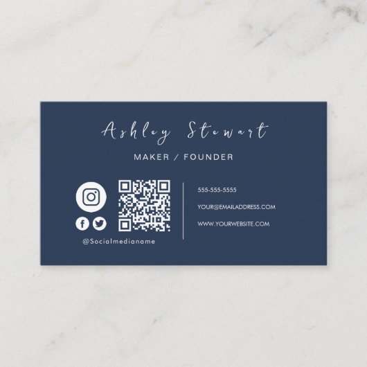 Beruflicher QR Code Social Media Navy Blue Visitenkarte (Vorderseite)