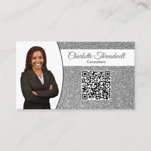 Beruflicher Silver Glitzer Custom Foto QR Visitenkarte (Vorderseite)