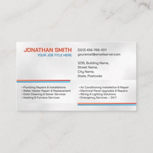 Beruflicher Unternehmer für Elektro- und Klempnert Visitenkarte (Rückseite)