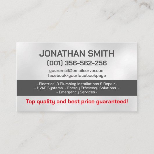 Beruflicher Unternehmer für Elektro- und Klempnert Visitenkarte (Rückseite)
