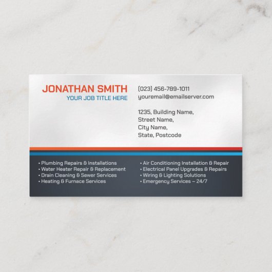 Beruflicher Unternehmer für Elektro- und Klempnert Visitenkarte (Rückseite)