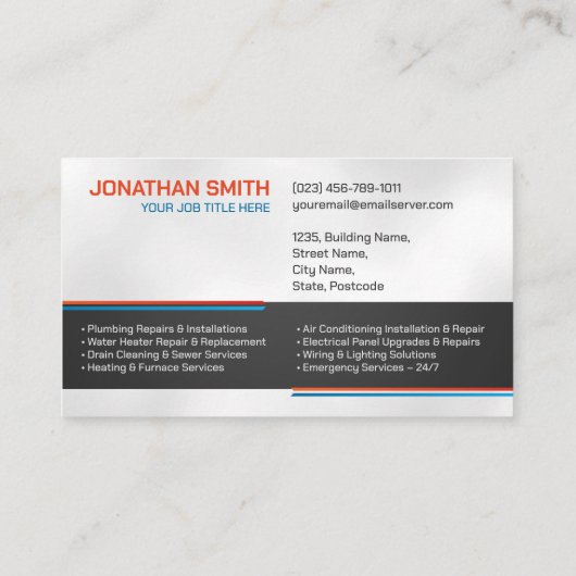 Beruflicher Unternehmer für Elektro- und Klempnert Visitenkarte (Rückseite)