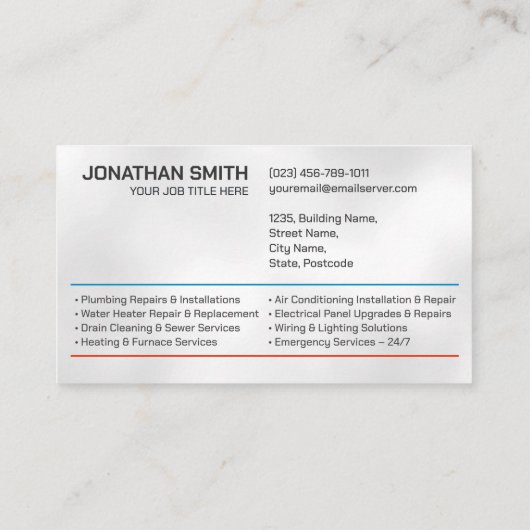Beruflicher Unternehmer für Elektro- und Klempnert Visitenkarte (Rückseite)