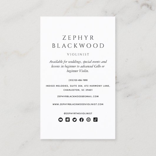 Beruflicher Violinist und Geigermusiklehrer Visitenkarte (Rückseite)