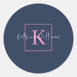 Berufliches Branding-Logo Navy Blue Pink Monogram Runder Aufkleber