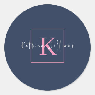 Berufliches Branding-Logo Navy Blue Pink Monogram Runder Aufkleber