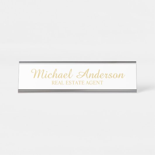 Berufliches, elegantes Skript, weiß und Gold Schreibtischnamensplakette (Vorderseite )