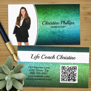 Berufliches Green Ombre Glitzer Custom Foto QR Visitenkarte